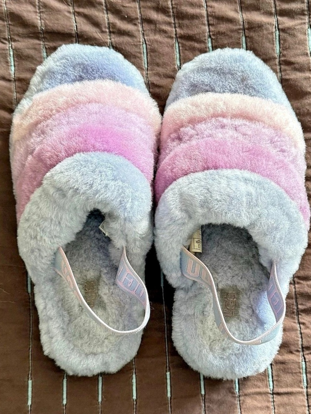 UGG Fluff Yeah Slide Fuzzy Striped Slippers Pink & Blue